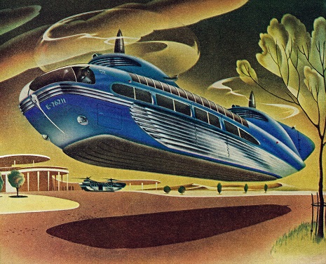 Scientific American cover painting of a helicopter tour bus