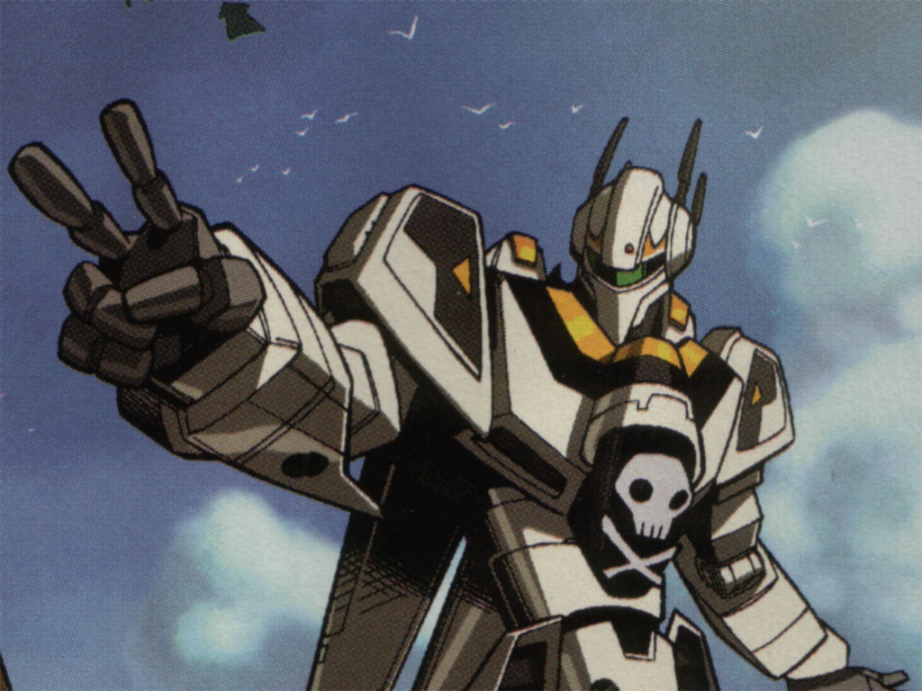 A still from Robotech of a Gundam making the V for Victory hand sign