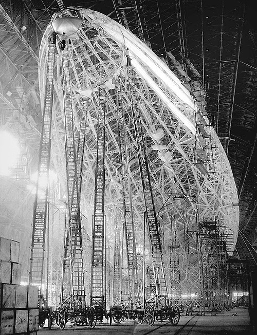 the skeletal frame of a zeppelin under construction