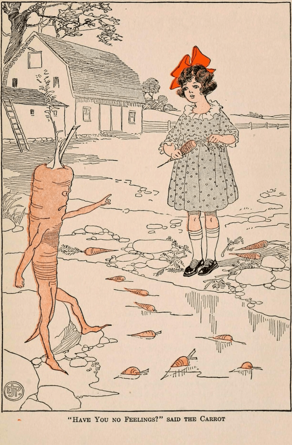 "Have you no feelings!" declaims a large and personified carrot of a young girl who has just pulled some carrots from the ground