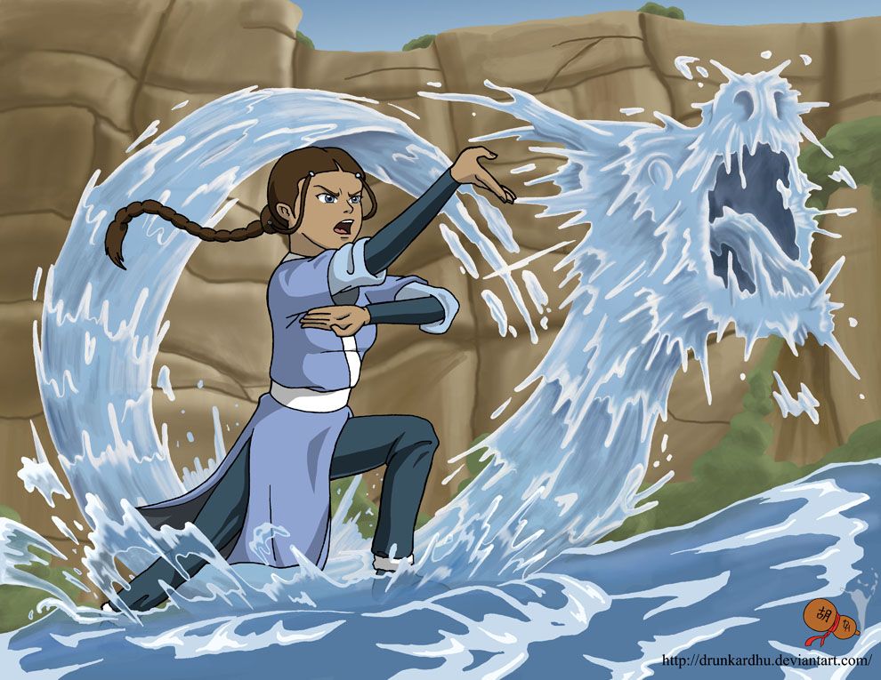 Katara the waterbender forming a dragon of water
